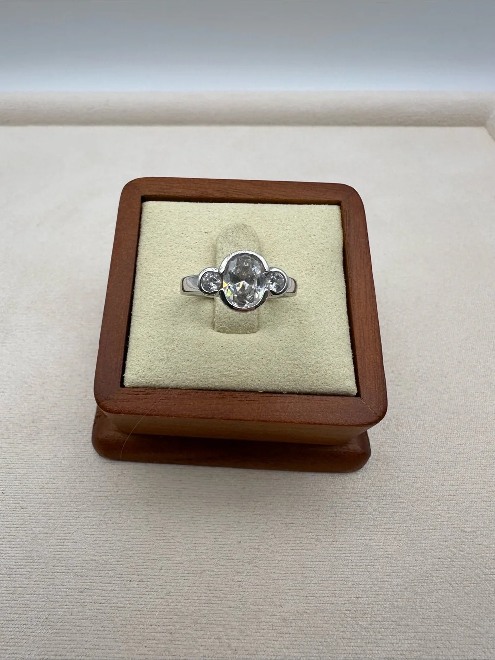 Oval Cut Center Stone Bezel Set 3 Stone Statement Ring Silver Tone
